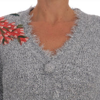 Silver Cardigan Floral Applique Sweater