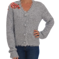 Silver Cardigan Floral Applique Sweater