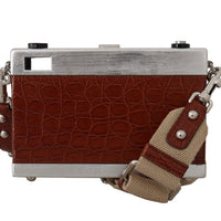 Camera Case Brown Caiman Crocodile Silver Wood Purse