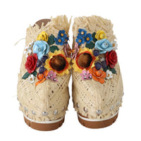 Beige Raffia Mules Floral Slides