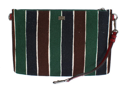 Multicolor Striped Linen Leather Organizer Hand Bag