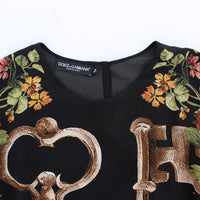 Black Key Floral Print Silk Blouse Top