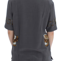 Gray Knight Crown Print Silk Blouse Top