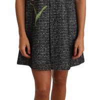 Gray Houndstooth Floral Appliqué Shift Mini Dress