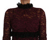 Black Floral Lace Burgundy Gown Mock Collar Dress