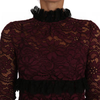 Black Floral Lace Burgundy Gown Mock Collar Dress