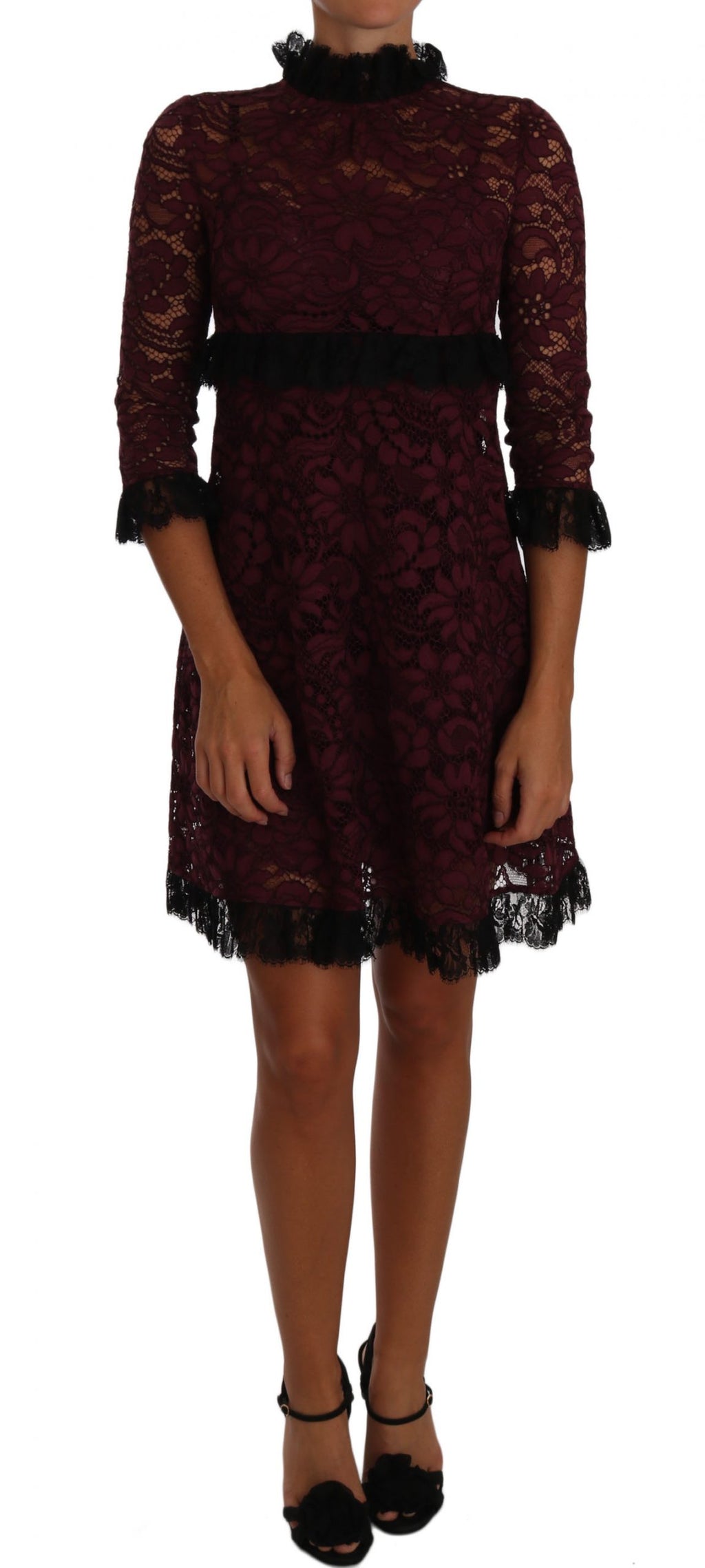 Black Floral Lace Burgundy Gown Mock Collar Dress