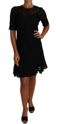 Black Floral Lace Sheath Short Sleeves Dress