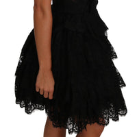 Black Floral Lace Ball Mini Ruffle Dress