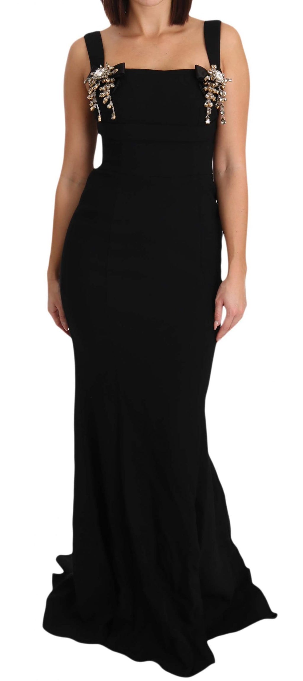 Black Stretch Crystal Fit Flare Gown Dress