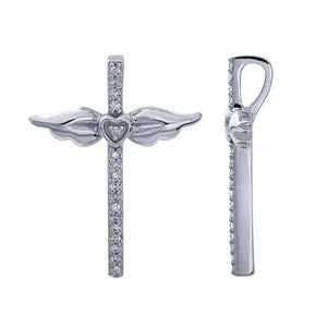 Winged 14K White Gold Diamond-Set Cross Pendant