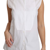 White Cotton Collar Down Sleeveless Blouse Shirt