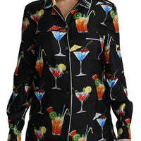 Black Silk Longsleeve Cocktail Print Top Shirt