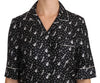 Black Guitar & Trumpet Print Silk Shirt Top