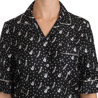 Black Guitar & Trumpet Print Silk Shirt Top