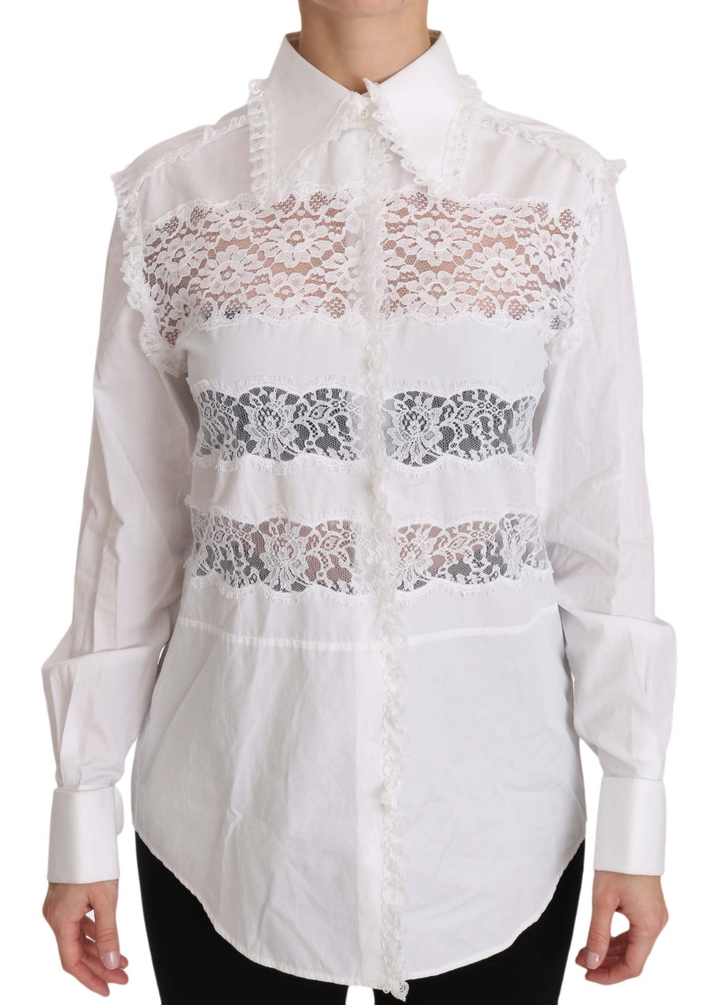 White Frill Lace Inset Poplin Tops Blouse Shirt