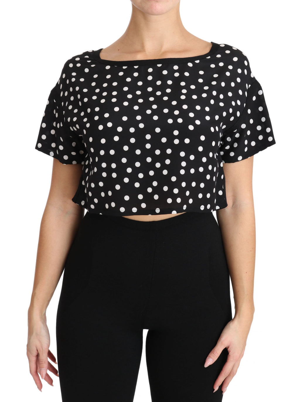 Black Polka Dotted Silk Cropped Top