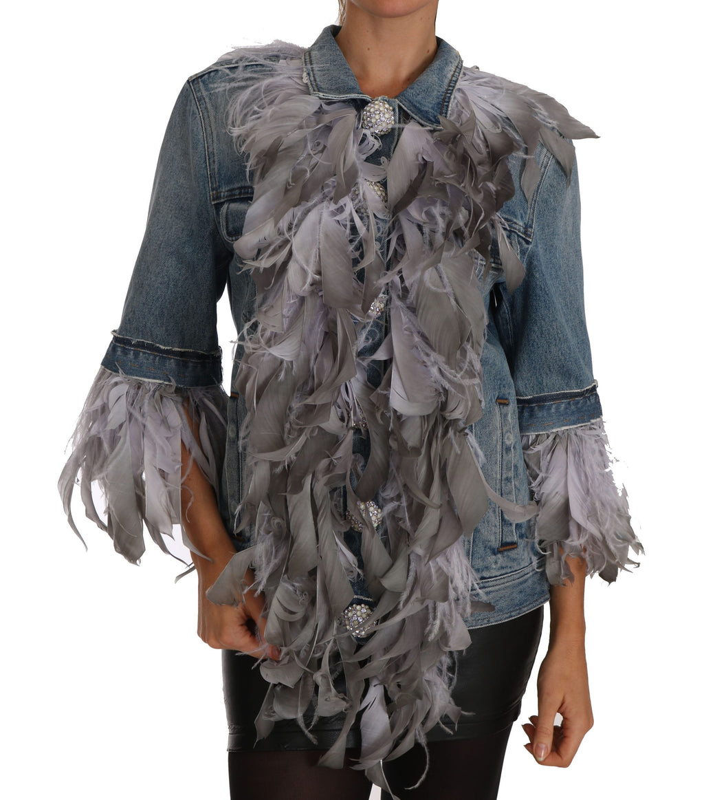 Denim Jacket Feathers Embellished Buttons