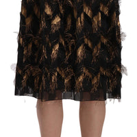 Black Gold Fringe Metallic Pencil A-line Skirt