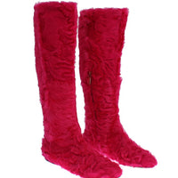 Pink Lamb Fur Leather Flat Boots