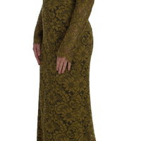 Olive Green Floral Lace Ricamo Maxi Dress