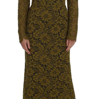 Olive Green Floral Lace Ricamo Maxi Dress