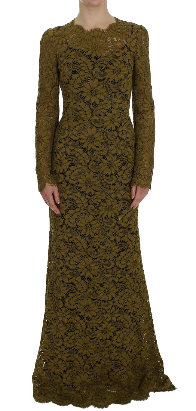 Olive Green Floral Lace Ricamo Maxi Dress