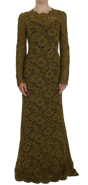 Olive Green Floral Lace Ricamo Maxi Dress