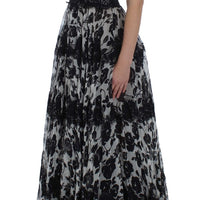 Black Silk Floral Lace Ricamo Ball Maxi Dress