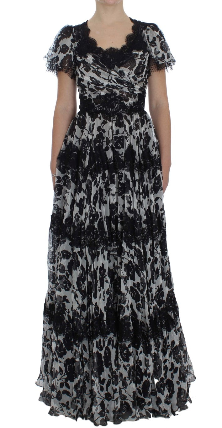 Black Silk Floral Lace Ricamo Ball Maxi Dress