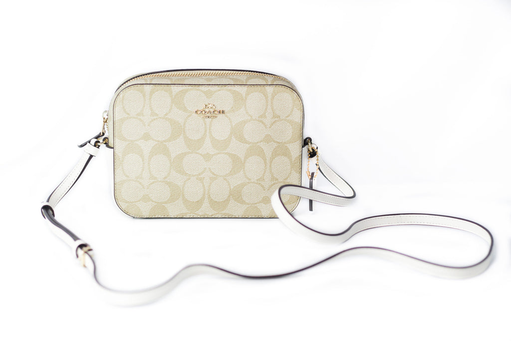 Signature Coated Canvas and Leather Mini Camera Bag Crossbody Handbag [Light Khaki Chalk]