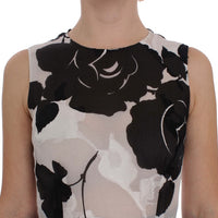 Black White Floral Silk Sheath Gown Dress