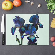 3 Blue & Purple Irises Glass Cutting Board, Dishwasher Safe