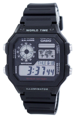 Casio Youth Illuminator World Time Alarm Ae-1200wh-1av Ae1200wh-1av Men's Watch