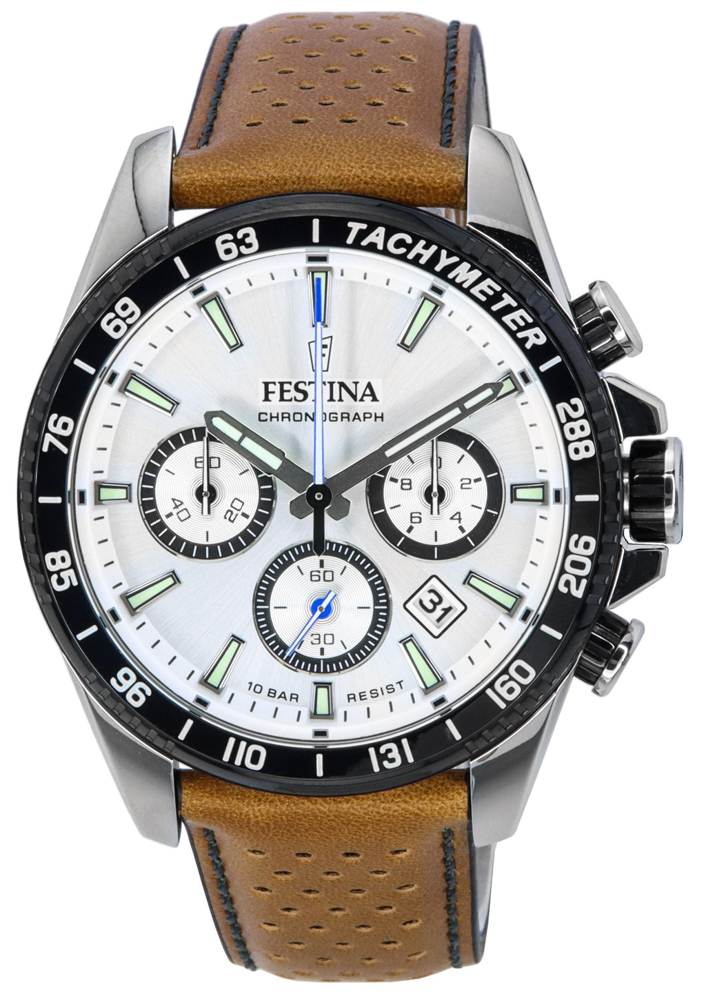 Festina Timeless Chronograph Leather Strap White Dial F20561-1 F205611 100m Men's Watch