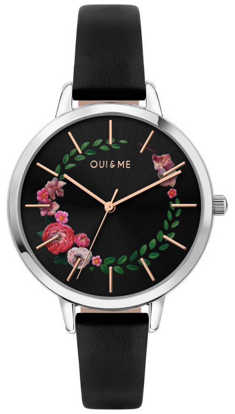 Oui  Me Grande Fleurette Black Dial Leather Strap Quartz Me010033 Women's Watch