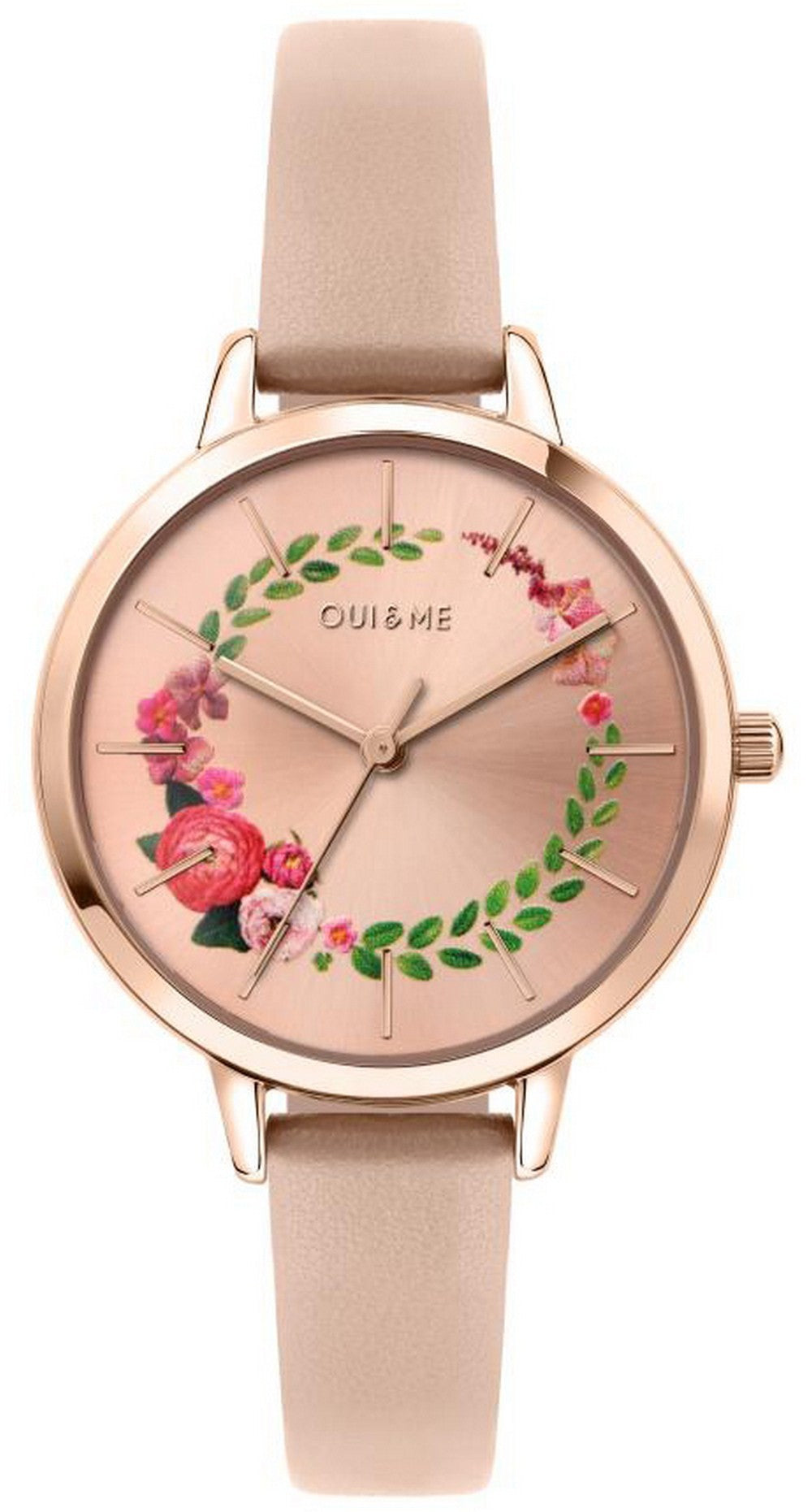 Oui  Me Fleurette Rose Gold Sunray Dial Leather Strap Quartz Me010038 Women's Watch