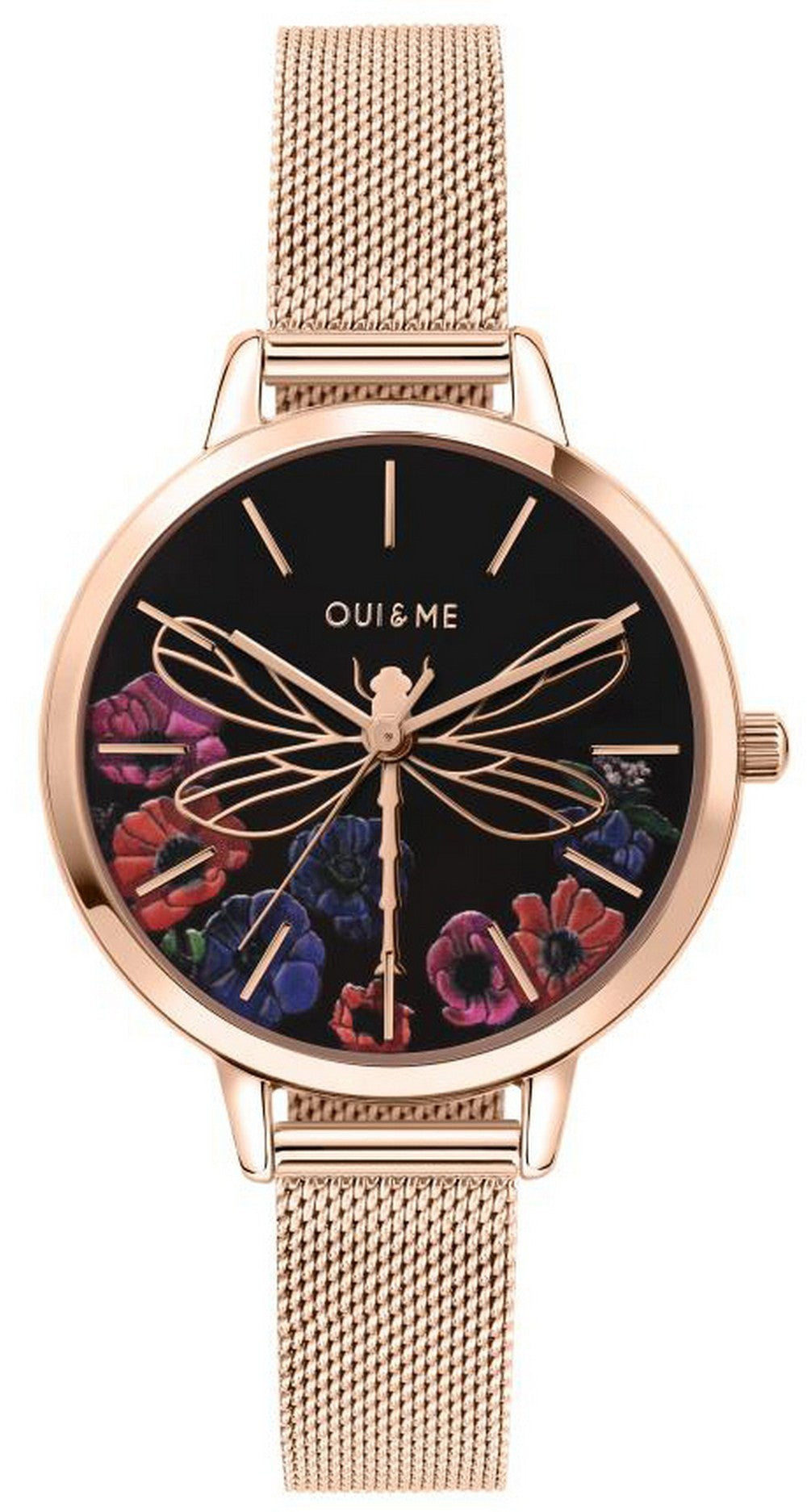 Oui  Me Fleurette Black Dial Rose Gold Tone Stainless Steel Quartz Me010102 Women's Watch