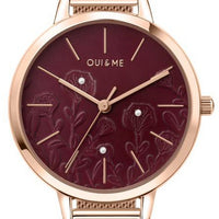 Oui  Me Fleurette Burgundy Sunray Dial Rose Gold Tone Stainless Steel Quartz Me010128 Women's Watch