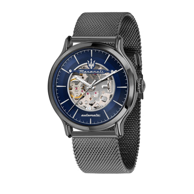 Maserati Epoca Stainless Steel Mesh Bracelet Blue Skeleton Dial Automatic R8823118012 100m Men's Watch