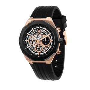 Maserati Stile Chronograph Rubber Strap Black Skeleton Dial Quartz R8871642003 100m Men's Watch