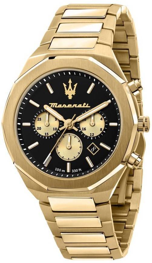 Maserati Stile Chronograph Gold Tone Stainless Steel Black Dial Quartz R8873642001 100m Men's Watch