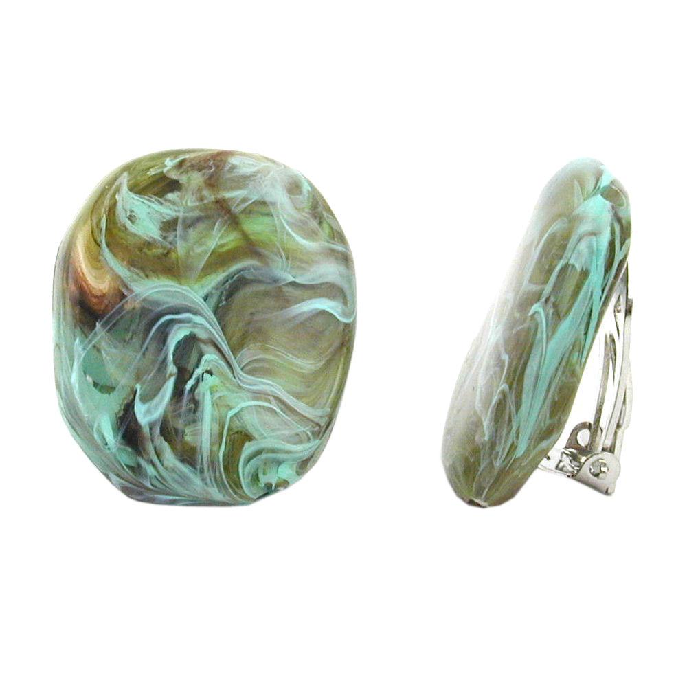 Clip-on Earring Olive Green Turquoise Marbled