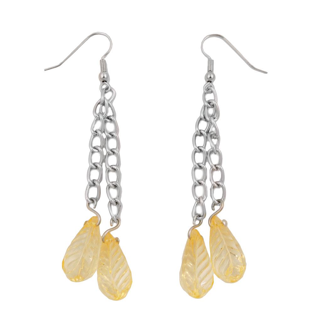 Hook Earrings Chain Silver Coloured With Leaf Beads Yellow