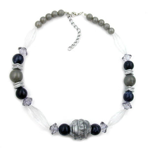 Necklace Silver-grey- Black- Transparent Beads