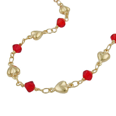 Bracelet, Red Beads, Gold Plated