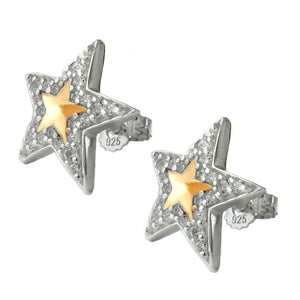 Stud Earrings Stars With Zirconia Two Tone Silver 925