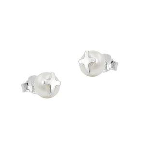 Earrings Studs Cross Pearl Silver 925