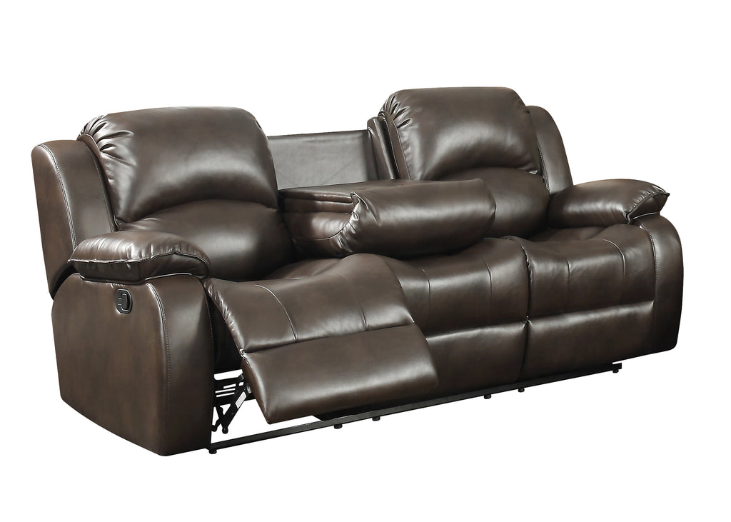 Dark Brown Transitional Leather Gel Reclining Sofa with Drop Down Table