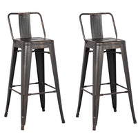 30" Black Distressed Metal Barstool with Back In A Set of 2